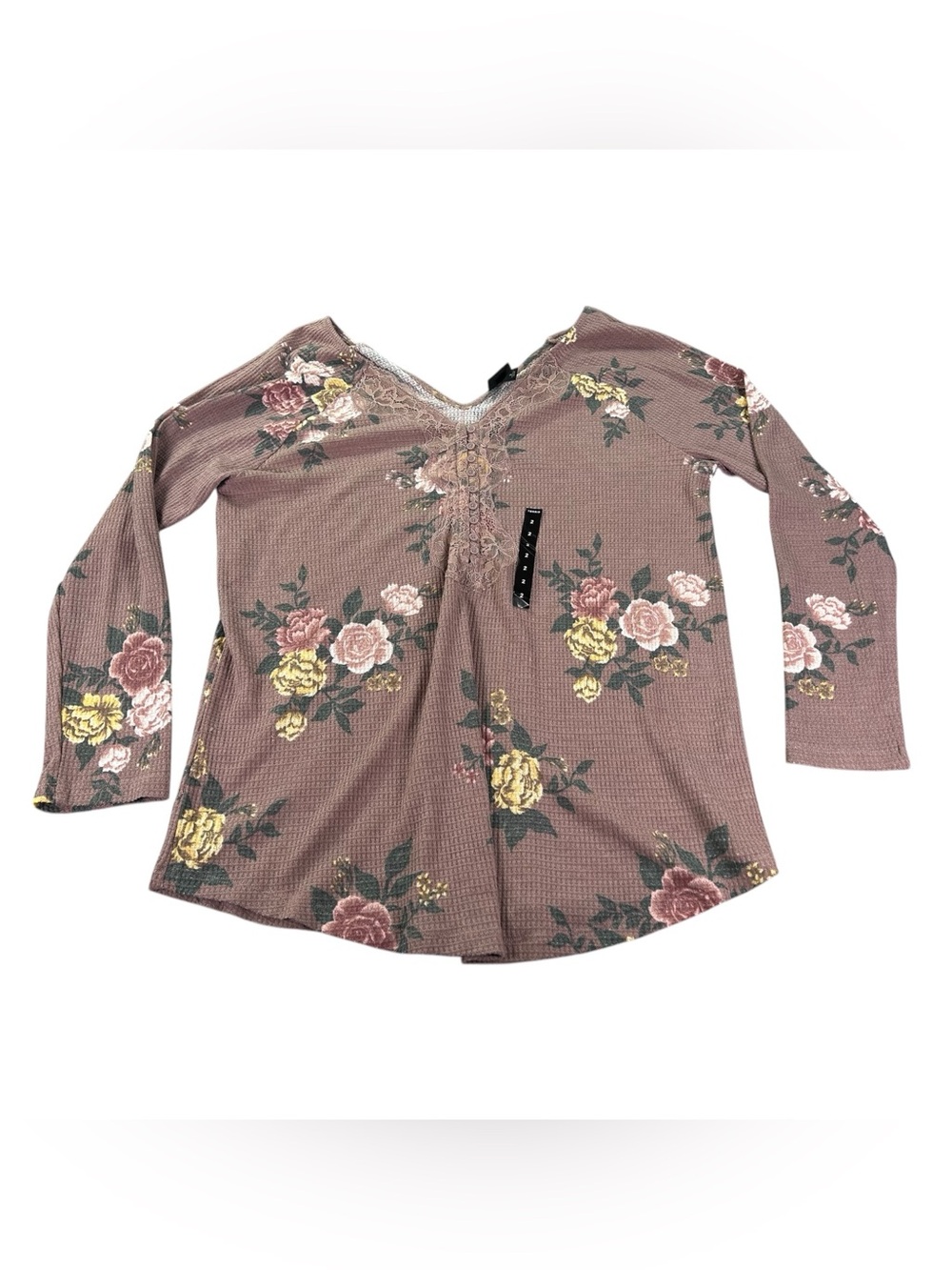 Torrid Floral Waffle Knit Henley Top Women’s 2 2X Mauve Lace Trim Thermal NWT